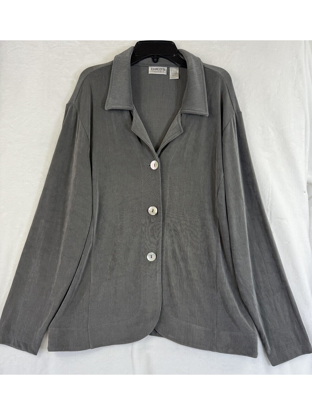 Chicos Travelers Size 3 Jacket Gray Top Button Long Sleeve Made In USA XL Womens